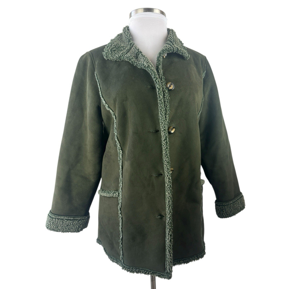 L.L. Bean Womens Medium Sherpa Fleece Lined Green Coat Jacket Button Front - Picture 5 of 14